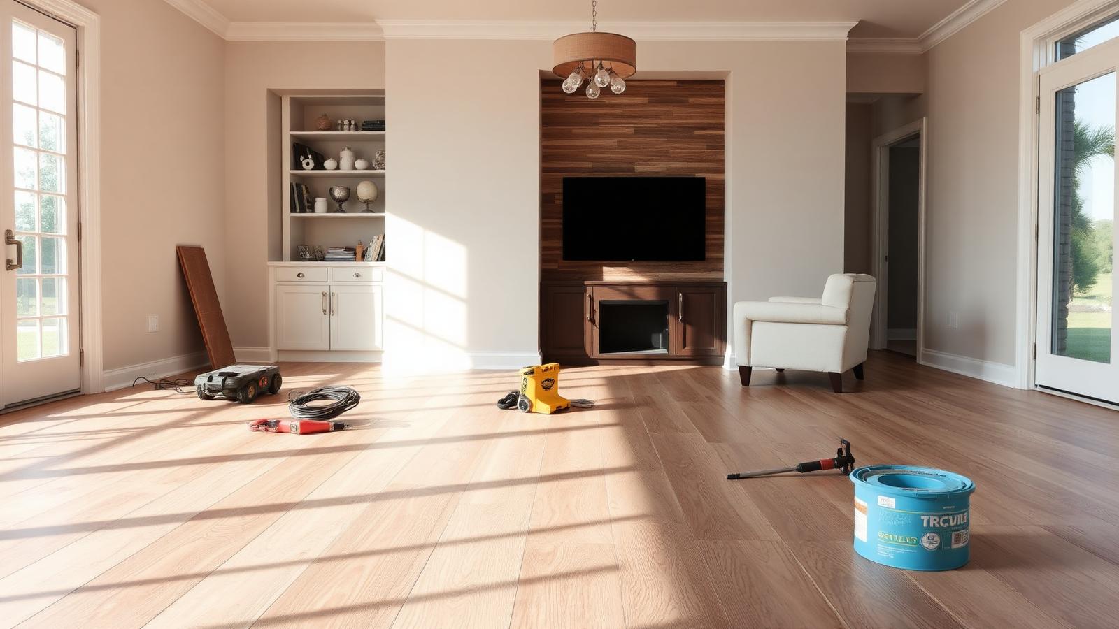 New vinyl plank flooring being installed in a bright Central Florida home living room