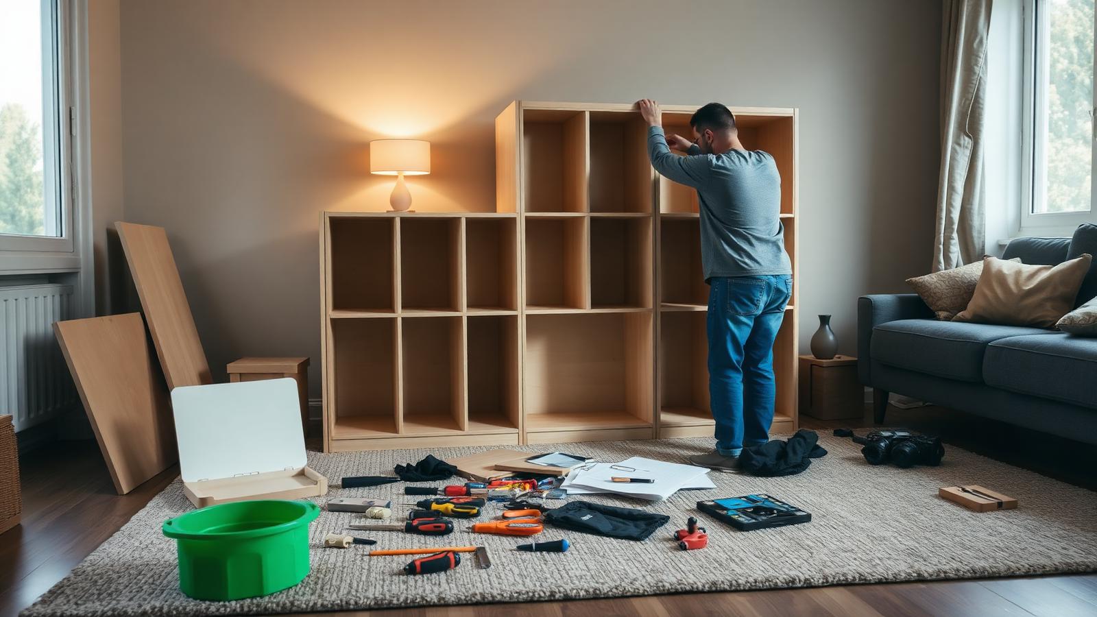 Person assembling a flat pack shelving unit in a residential living room with tools laid out