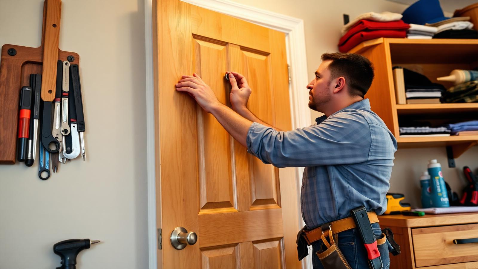 Handyman adjusting interior door hardware in a Central Florida home with tools nearby