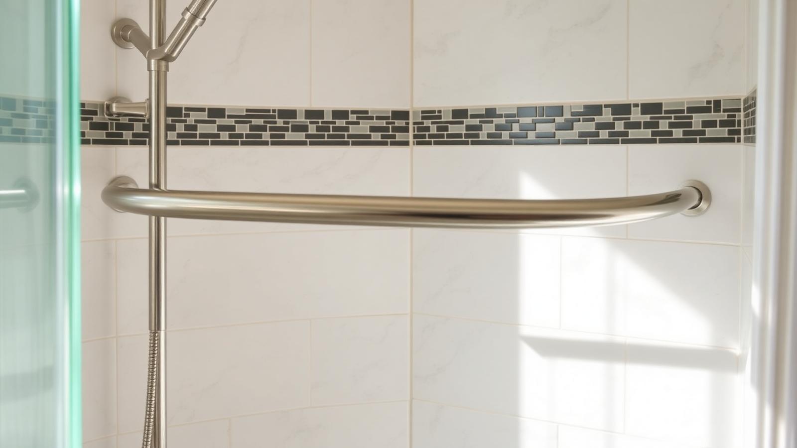 Stainless steel grab bar installed in a residential bathroom shower for accessibility