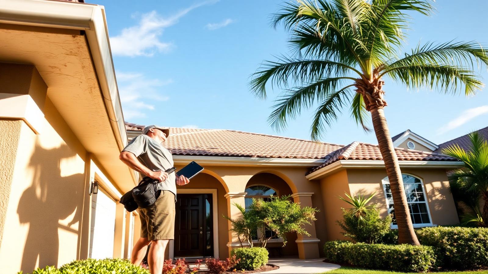 Florida homeowner inspecting the exterior of a stucco home before hurricane season