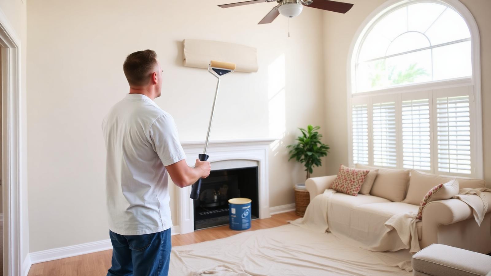 Painter rolling fresh paint on an interior wall with floors and furniture protected in a Florida home