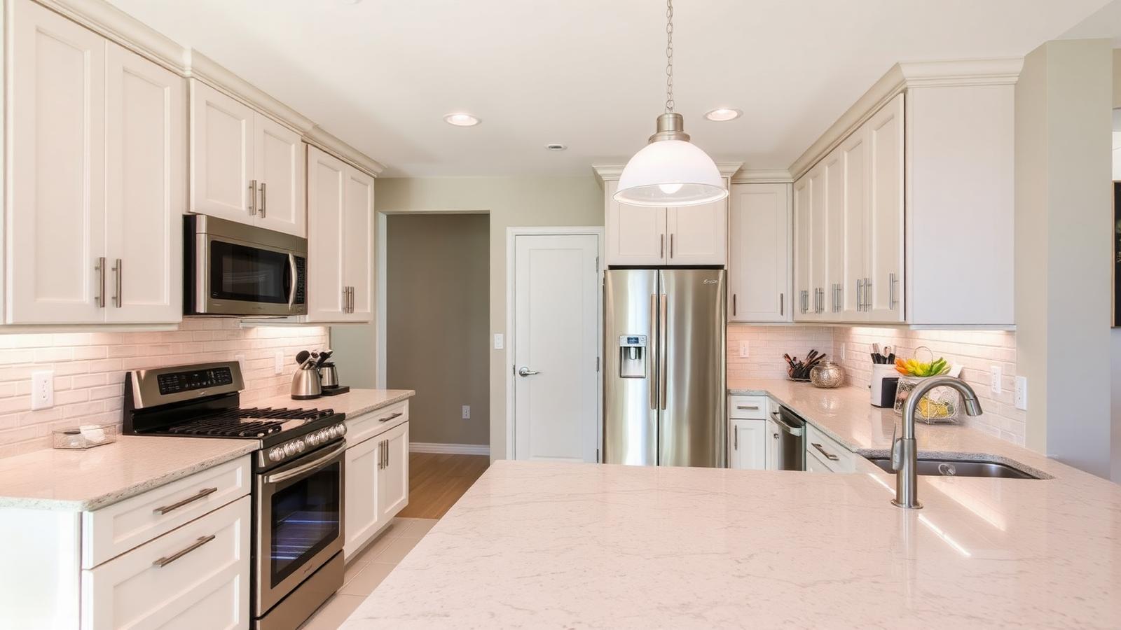 Modern remodeled residential kitchen in a Florida home with new cabinets, countertops, and lighting