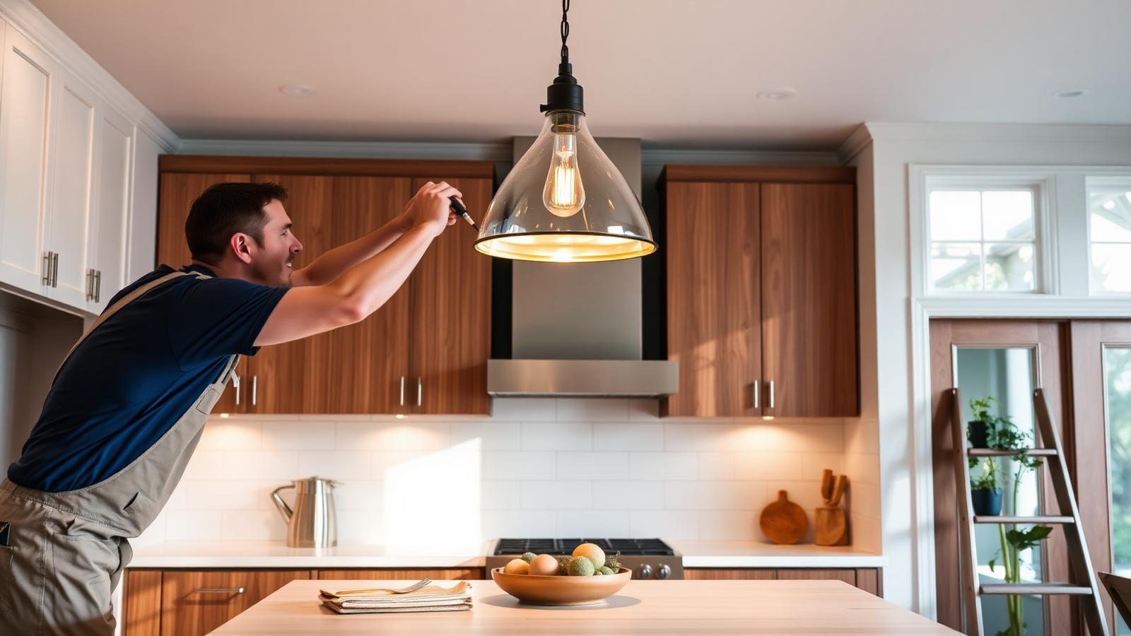 Technician installing a pendant light fixture above a kitchen island in a home
