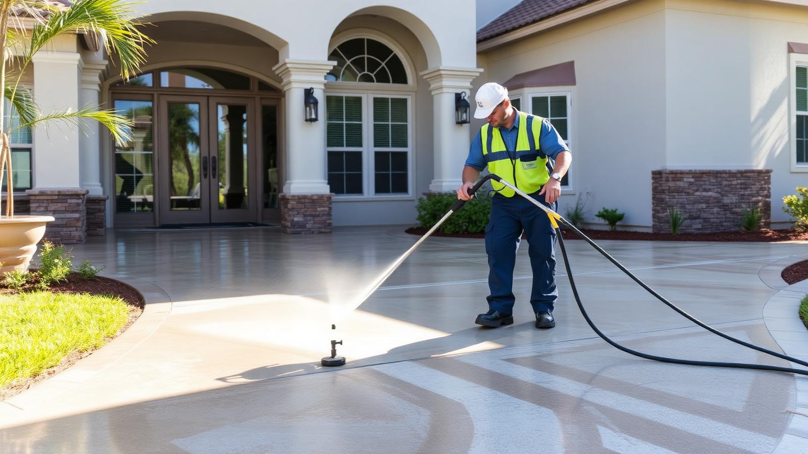 Professional pressure washing the driveway of a Florida residential home