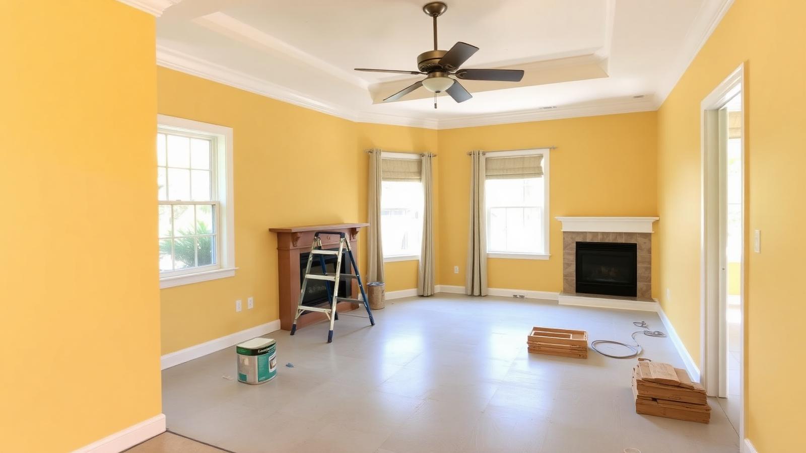 Residential room remodeling project in progress with fresh paint, trim, and new flooring in a Florida home
