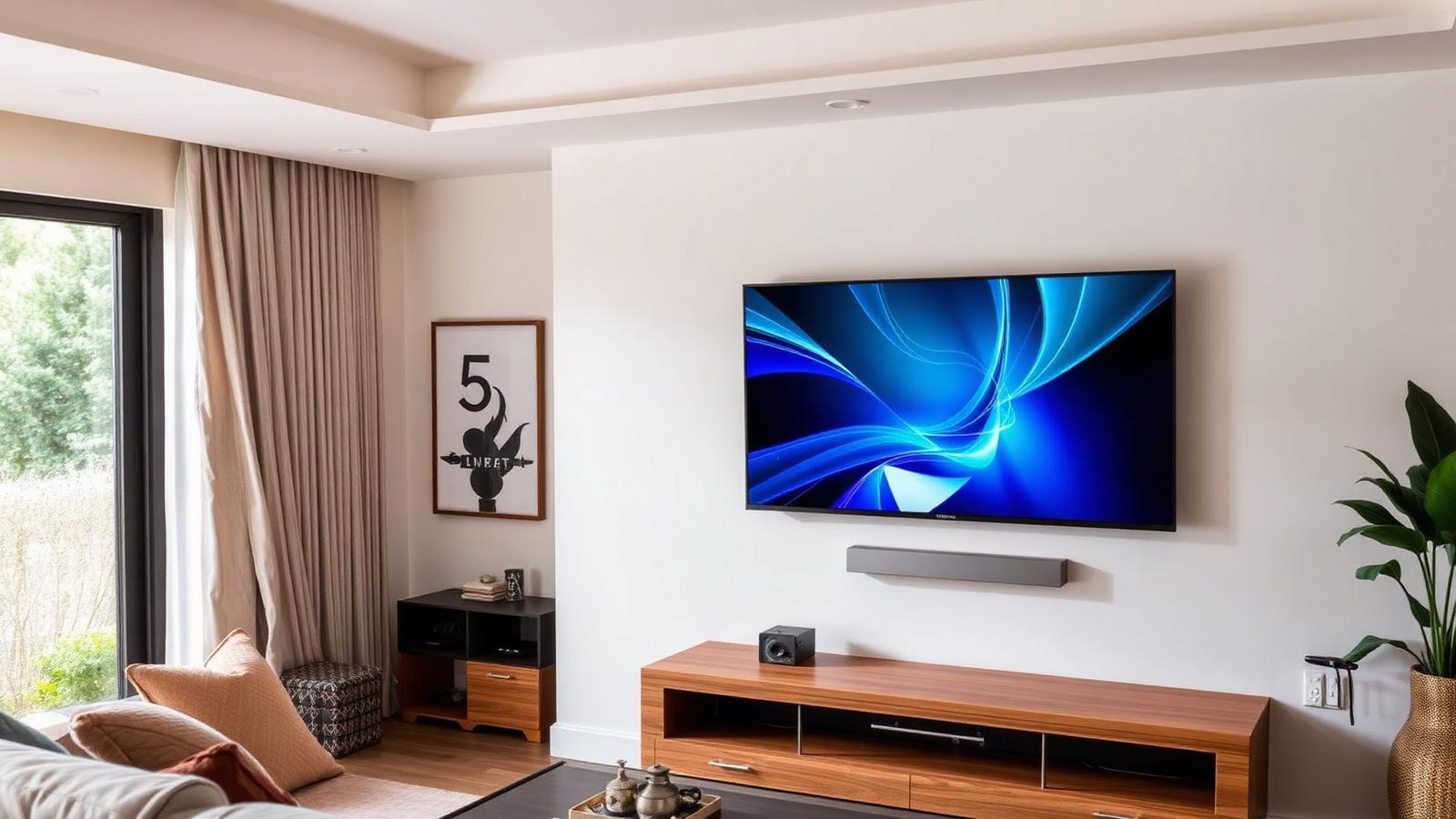 Flat screen television wall mounted in a modern residential living room with a soundbar