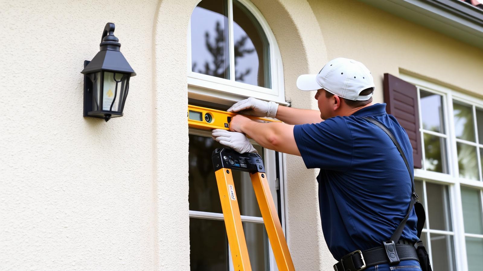 Technician checking the alignment of a window frame on a stucco Central Florida home