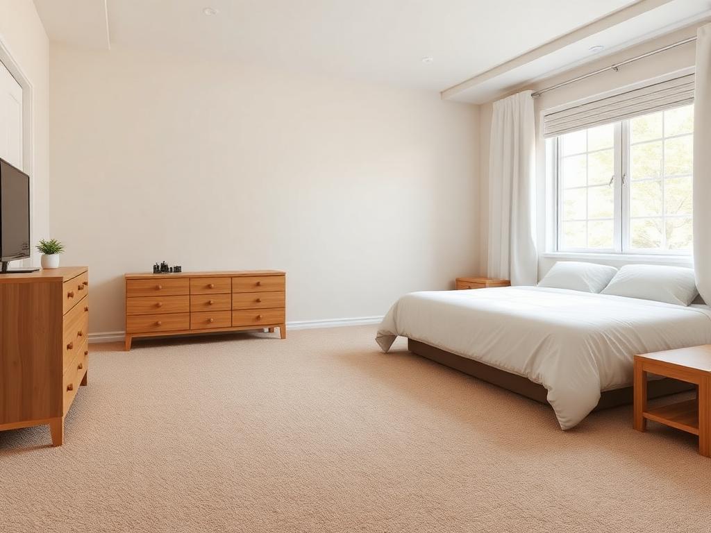 Newly installed plush carpet in a residential bedroom