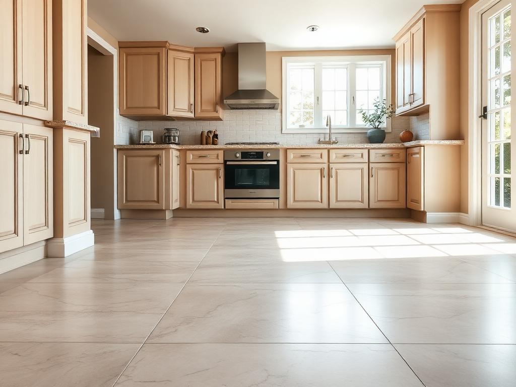 Large-format tile flooring with visible grout lines in a residential kitchen