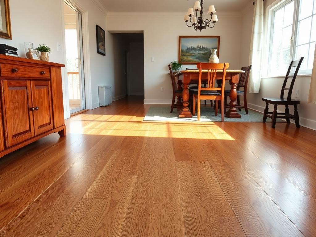 Solid hardwood flooring with visible grain in a residential dining area