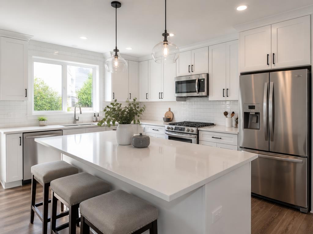 Newly remodeled residential kitchen with white cabinets and quartz counters