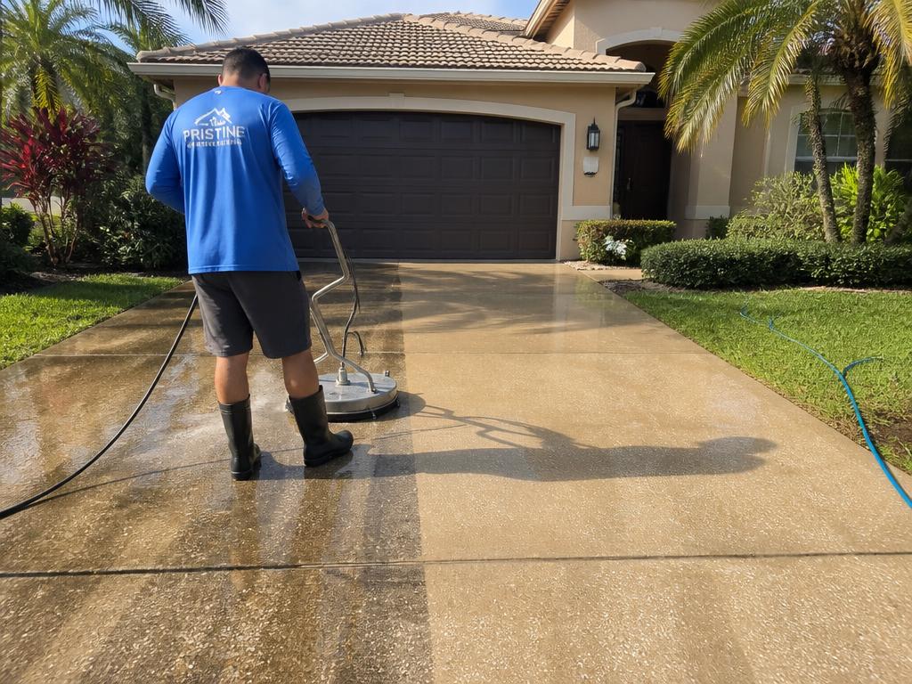 Concrete cleaning with pressure washing equipment
