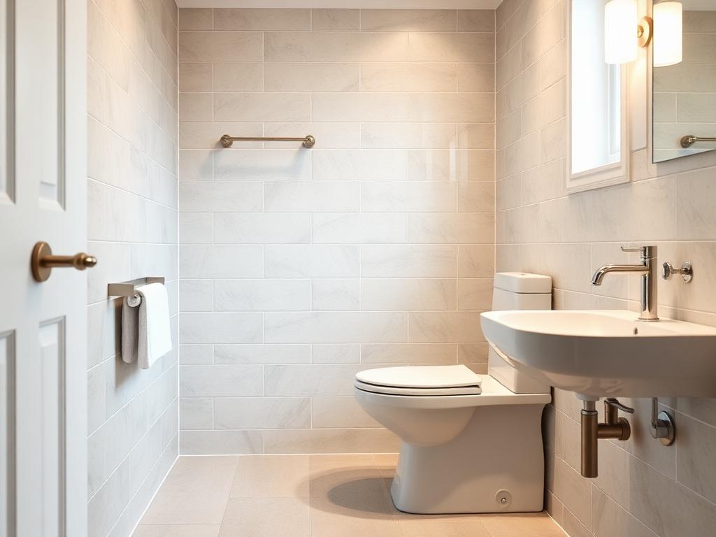 Bright residential bathroom with support bar, comfort-height toilet, and lever faucet