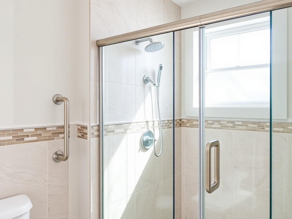 Stainless steel grab bar installed on a tiled residential shower wall