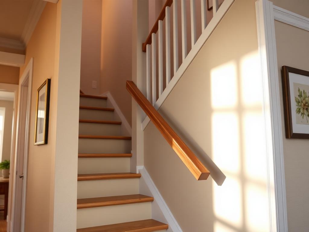 Wood handrail mounted along a residential staircase wall