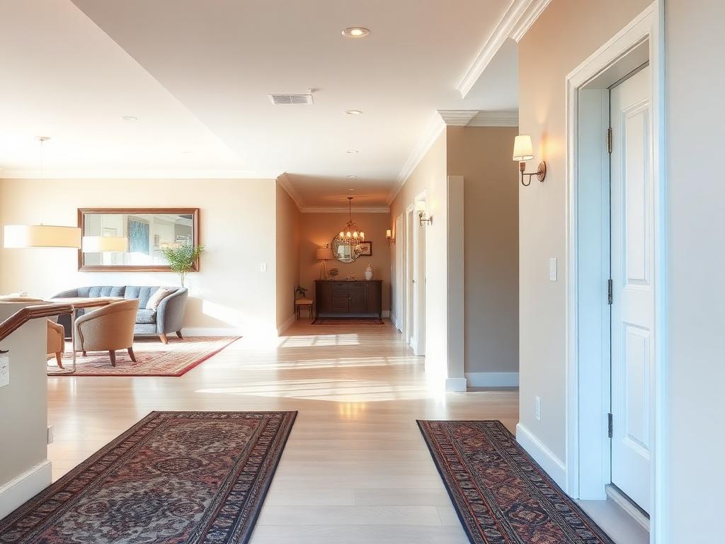 Open residential hallway and living area with wide, clear walkways