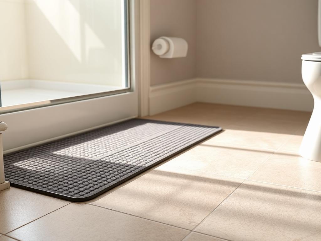 Residential bathroom floor with textured non-slip surface near the shower entry