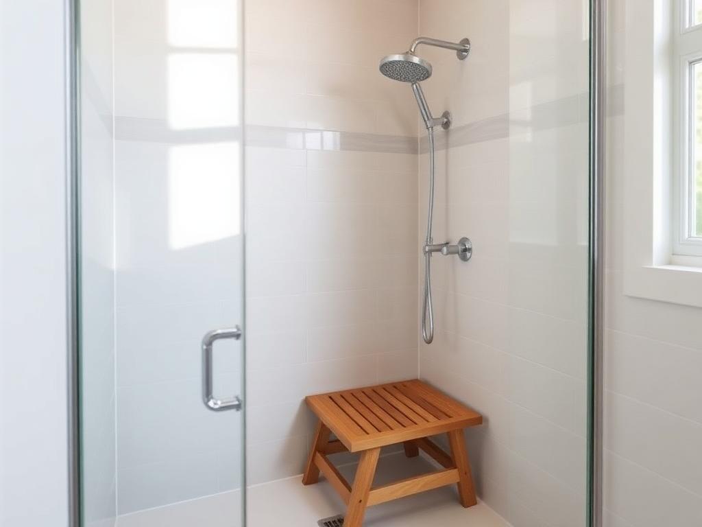 Residential walk-in shower with teak shower seat and handheld fixture