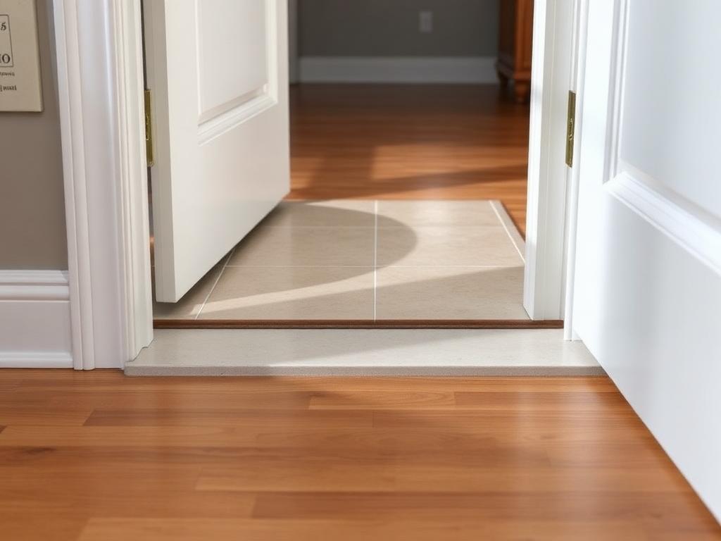 Low beveled threshold transition between tile and wood flooring in a residential doorway