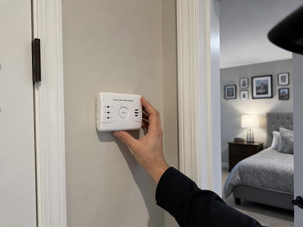 Residential carbon monoxide detector being positioned on a hallway wall outside a bedroom