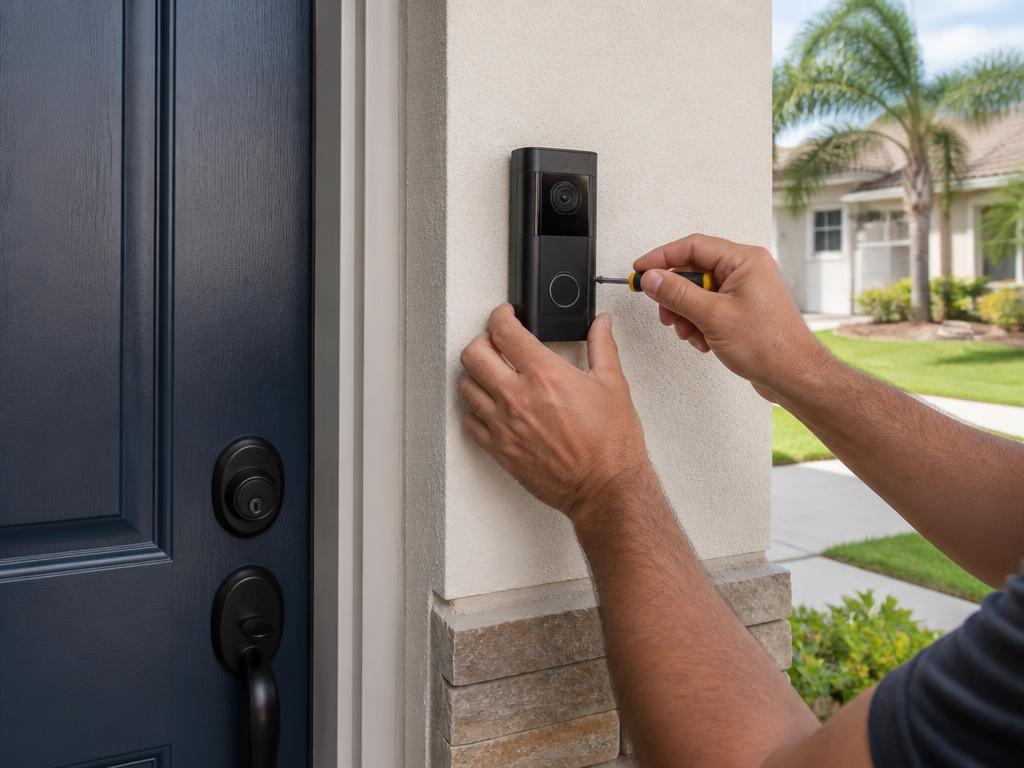 Technician installing a modern video doorbell camera beside the front door of a Florida home