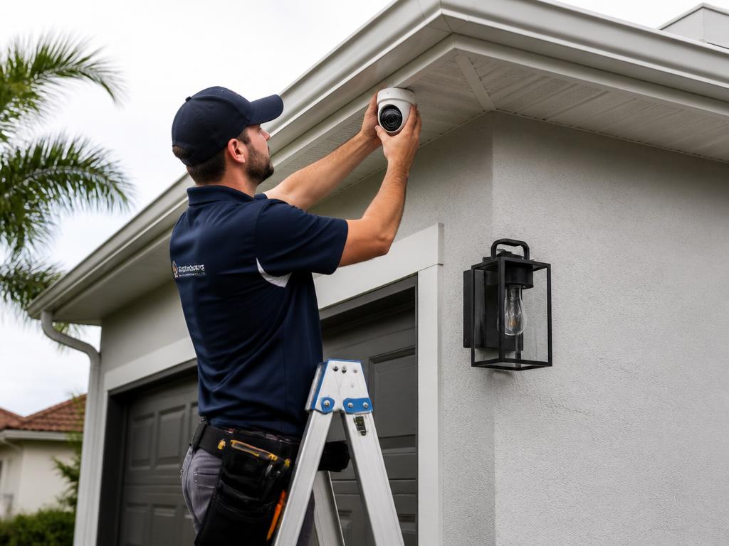 Technician on a ladder mounting a modern residential security camera under the eave of a Florida home
