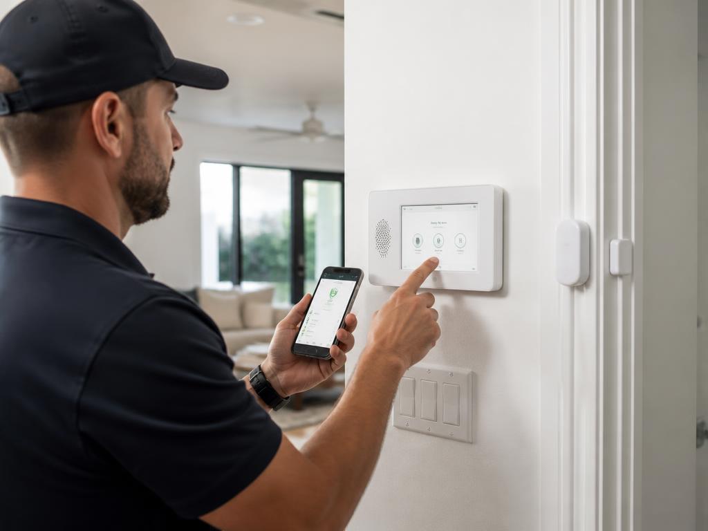 Technician configuring a smart home security panel and door sensors in a modern residential hallway
