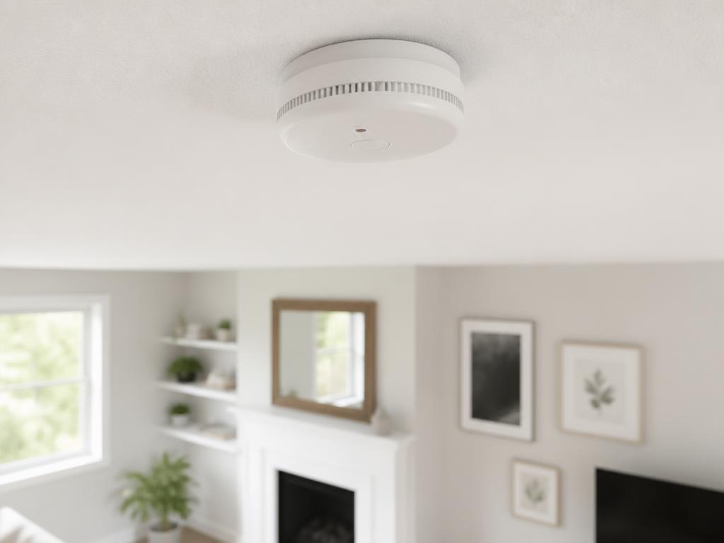 Correctly installed white smoke detector on the ceiling of a bright residential living room
